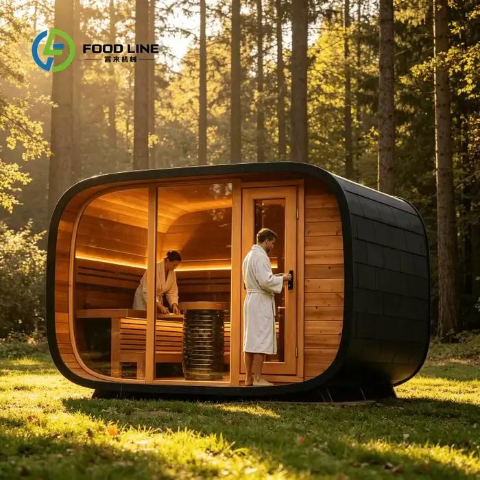 Sauna extérieur en forme de cube avec toit noir et finition en bois pour jardin et spa. Achat en gro