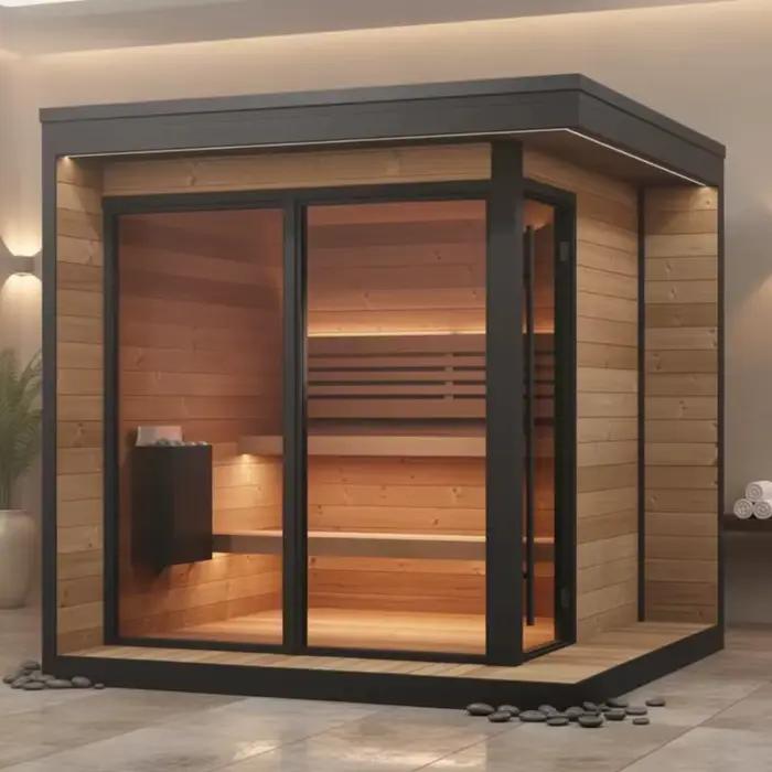 Sauna extérieur personnalisé en bois de pruche pour 6 personnes avec poêle électrique, panneau de co