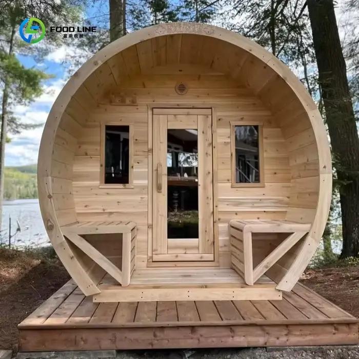 Sauna extérieur personnalisé en forme de baril, capacité 2-8 personnes, chauffage électrique moderne