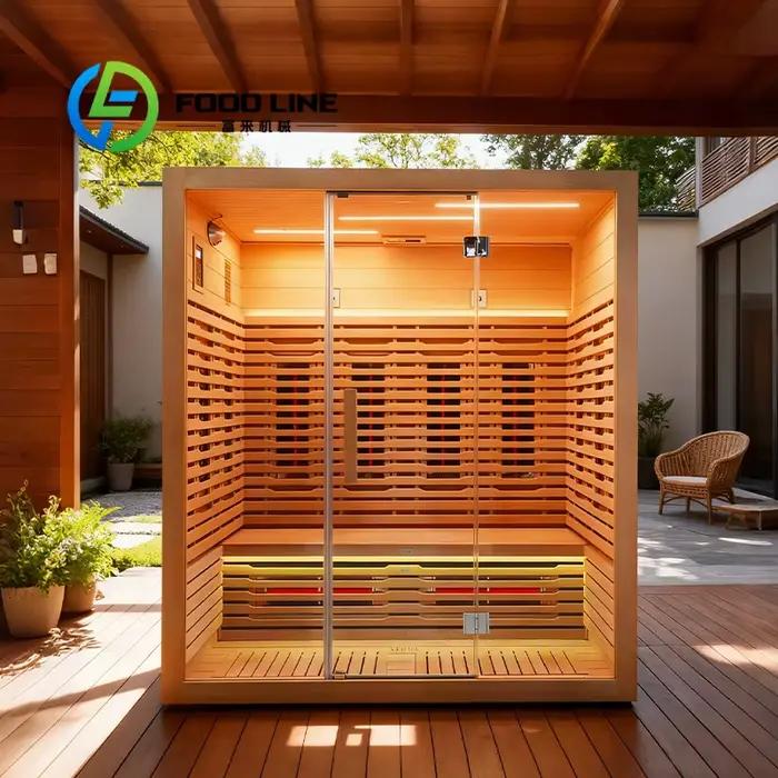 Cabine de sauna extérieure au style épuré, design en bois naturel, facile à intégrer dans divers amé