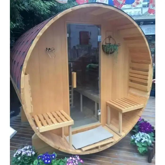 Sauna rond finlandais sur mesure pour usage domestique, sauna extérieur en bois en forme de baril av