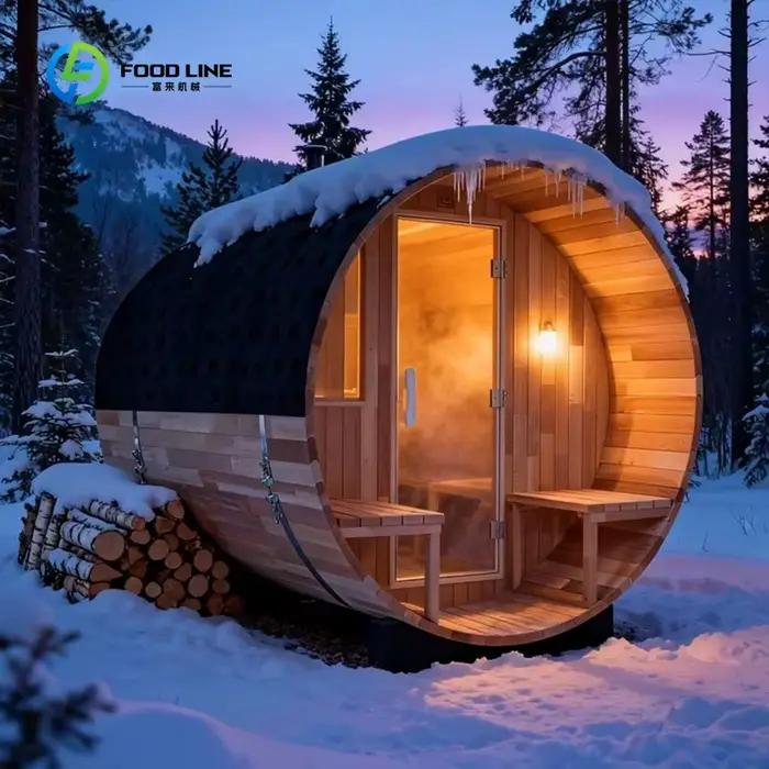 Sauna en baril extérieur personnalisé en gros avec chauffage, sauna à vapeur extérieur en cèdre roug