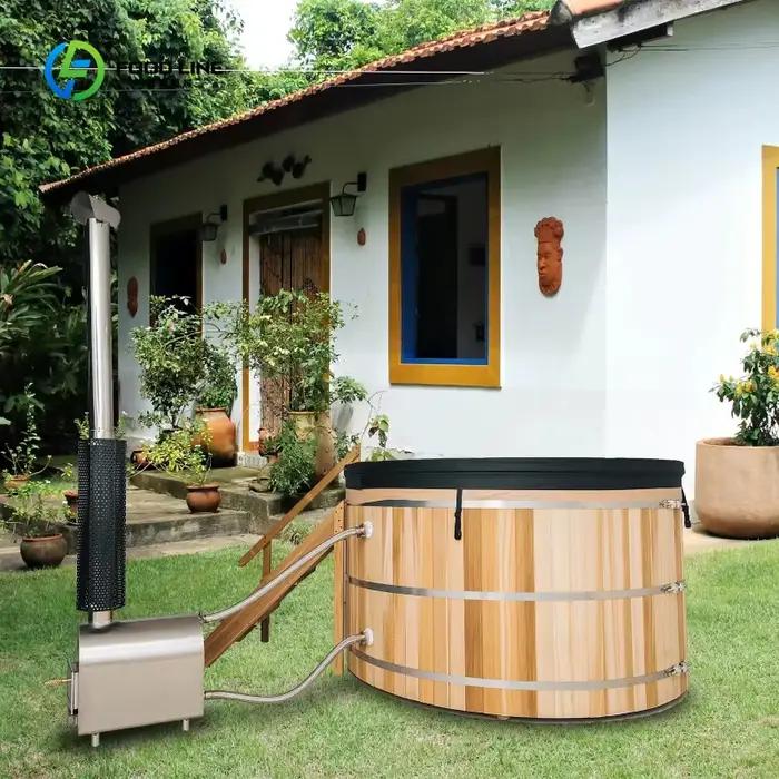 Bain à remous extérieur personnalisé en bois de cèdre, baignoire de spa portable avec chauffage au bois et escalier en bois pour relaxation et bien-être familial et occasions spéciales
