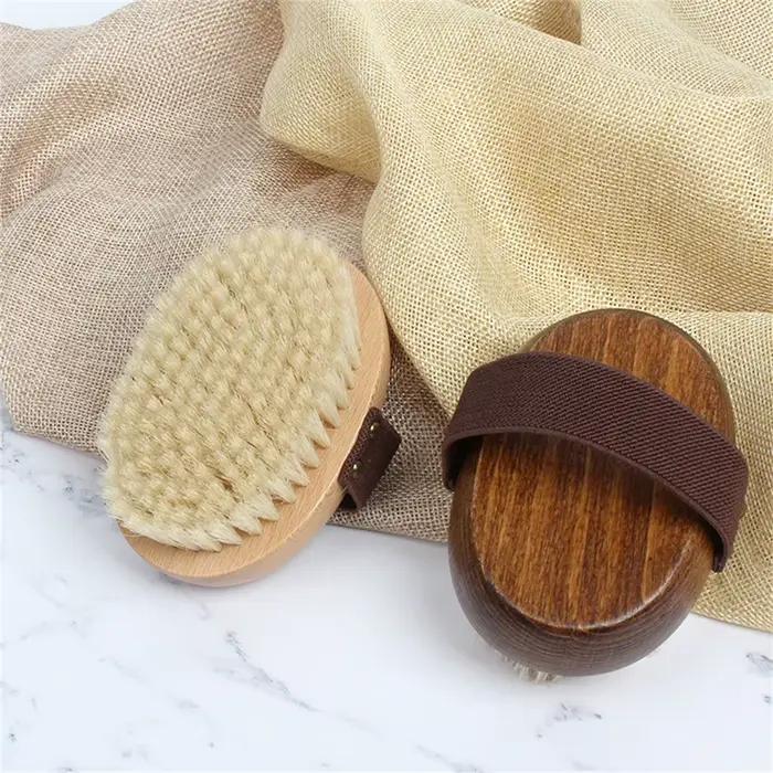 Brosse de bain en bois naturel à poils doux pour massage corporel humide ou sec