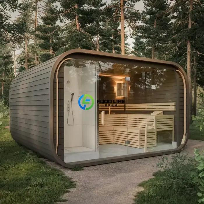 Sauna extérieur en bois de séquoia traditionnel luxueux et personnalisable pour 4 à 8 personnes, équipé d'un poêle à sauna écologique à faible teneur en carbone