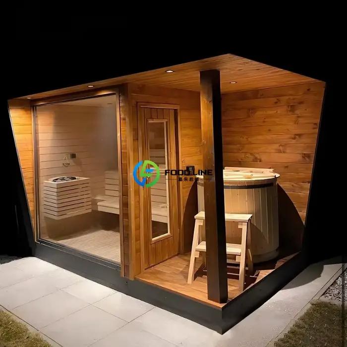 Sauna extérieur en bois de séquoia traditionnel luxueux et personnalisable pour 4 à 8 personnes, équipé d'un poêle à sauna écologique à faible teneur en carbone
