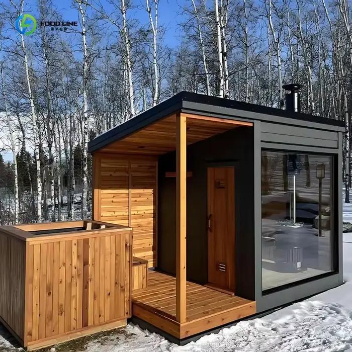 Sauna traditionnel personnalisé en bois de sequoia massif, grand modèle carré 4 places, sauna sec extérieur avec poêle à bois